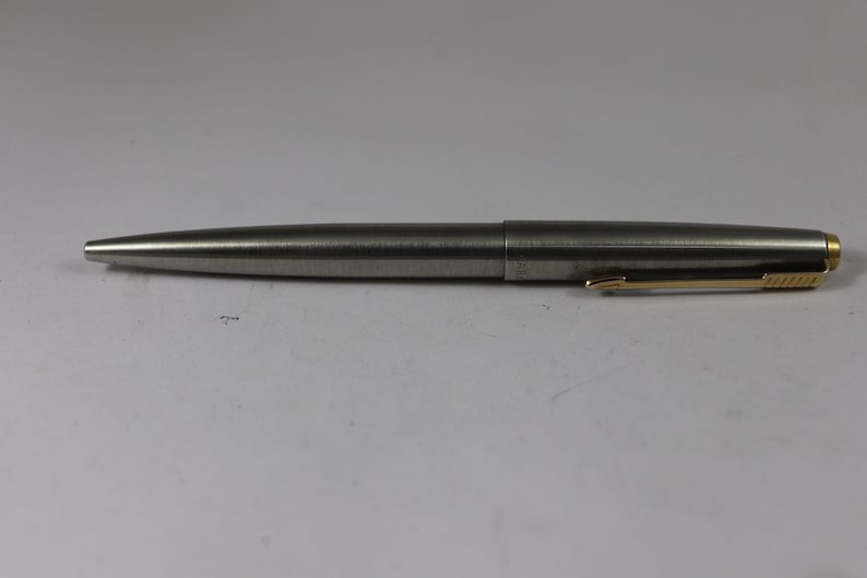Vintage Parker 45 Ballpoint Pen Metal Brushed Chrome Body Cap Press USA ...