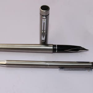 Vintage Set Sheaffer Targa Fountain & Ballpoint Pen Metal brushed chrome body