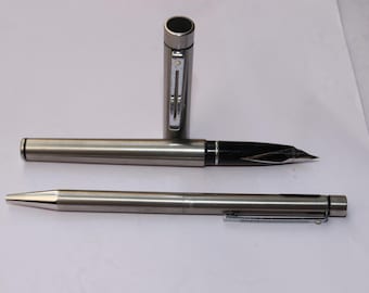 Vintage Set Sheaffer Targa Fountain & Ballpoint Pen Metal brushed chrome body