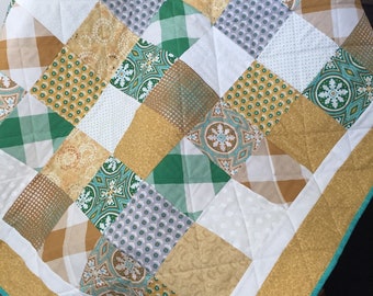 Traditional Decor and Lap Quilt! Fun for Youth w/Geometric/Gold and Green/w Aqua Accent