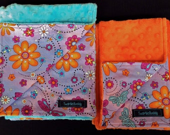 Lavender Floral Security Blankets! Lil' Pals for Baby-Set of Two! With Bright Orange and Aqua/Infant/Travel/Snuggle Size/Crib Comfort