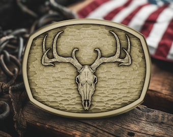 Deer skull belt buckle rustic antler design hammered texture western wildlife accessory hunting gift for Dad, Father's Day gift