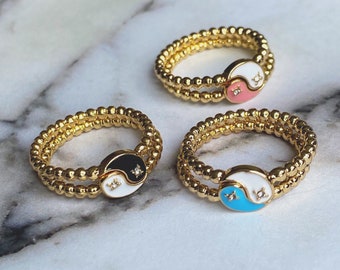 YIN YANG bestie rings ring set of two pink / blue / white / black gold coloured bobble band / friendship rings / fun quirky gift for her