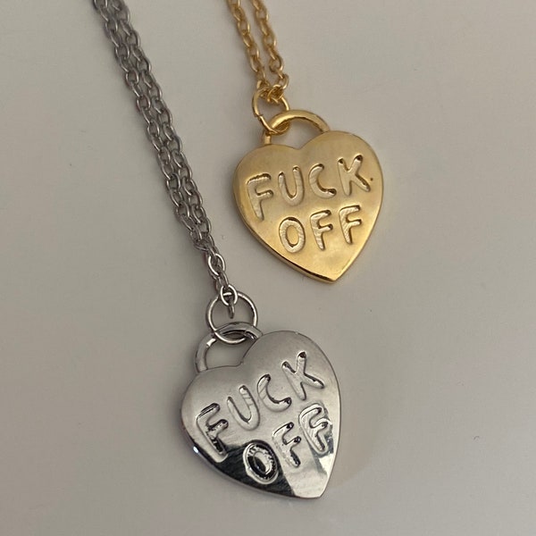 Fuck Off Gold / Silver Necklace // Rude Funny Quirky Fun statement Gift for him for her metal finger Ring