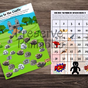May include: Two colorful printable game boards. One is "Race to the Castle" with a castle illustration and numbered stones. The other is "Hero Number Knockout" with a grid and superhero theme. Both are designed for educational fun.