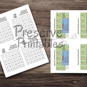 May include: Two white printed sheets with educational content on a wooden surface. One sheet features a grid labeled "Travel Number Knockout" with numbers and dice icons. The other sheet has "Quick Reference" charts.