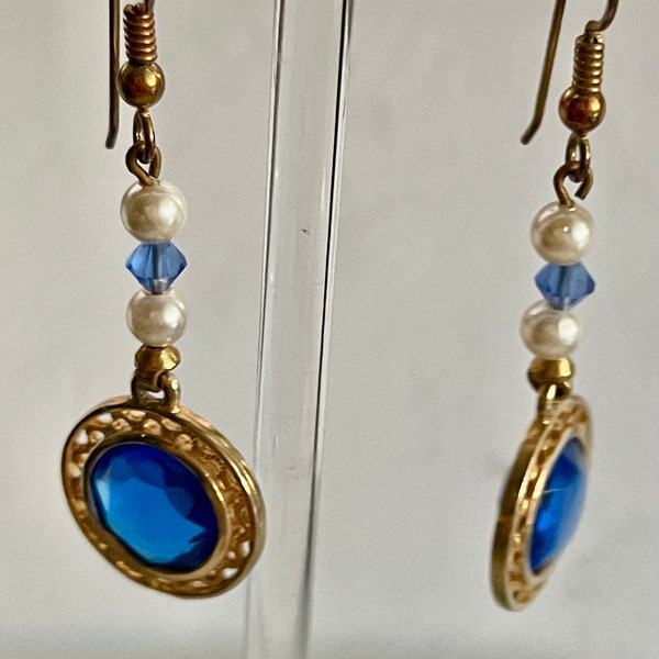 Sweet Blue Crystal and Pearl Dangle Wire Back Costume Earrings