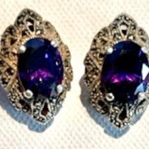 Vivid Marcasite earrings featuring Oval Amethyst Colored  Faceted Stones, Clip Ons