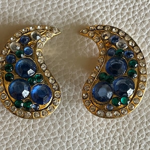 Rich Blue Paisley Clip on Earrings by Oscar de la Renta, Stamp on Back