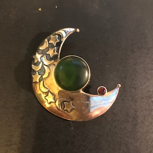 Vintage "Michou" Pin. Green glass , Garnet Stone with a Celestial Motif all set in Sterling