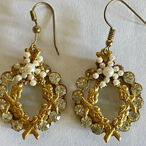 Romantic  Drop Earrings, Pearls and Rhinestones, Gold Tone Filigree