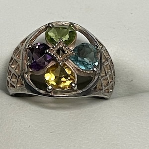 Vintage  Marcasite & Sterling Lucky Clover , Basketweave Gemstone Ring