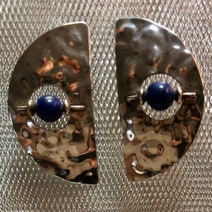 Hammered Sterling  and Lapis Half Moon Shaped Post Back Earring