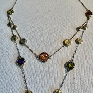 Crystal and Chains, 2 Strands of Multi Colored  Faux Jeweled Necklace