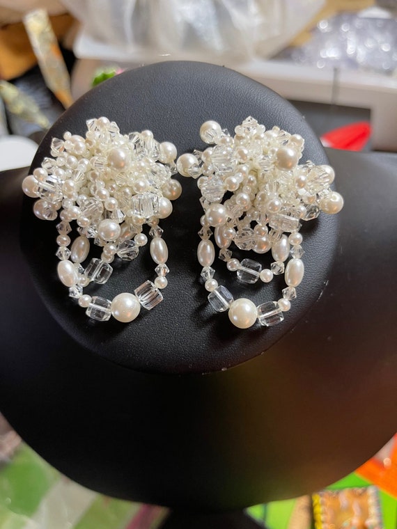 Pearl and Crystal Earrings ,White Pearls and Aust… - image 1