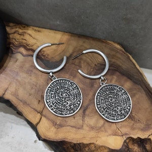 Phaistos disc gold hoop earrings, Ancient greek, Greek jewelry, Phaistos disk, Minoan disc, Silver dangle earrings, Gift for her