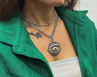 Evil eye chunky chain Layered Necklace, Gold chain necklace, Silver chain chunky, Gold necklace, Gift for Her, Evil eye pendant
