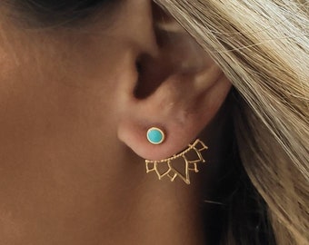 Turquoise stud earrings, Cool earrings, Gold lotus stud earrings, boho earrings. Gold ear cuff, Ear jacket earring, Front back earrings