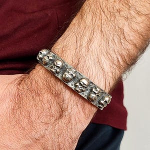 Mens skull head bracelet, Silver skeleton cuff bracelet, Punk gothic bracelet, Rock style bracelet, Pirate bracelet, Gift for him