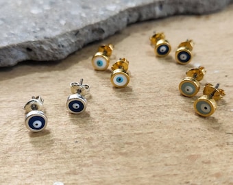 Gold stud earrings, Tiny stud earrings, Evil eye earrings, Gold evil eye stud earrings, Greek earrings, Turquoise stud, White gold stud