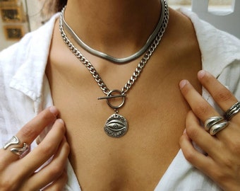 Evil eye chunky chain Layered Necklace, Gold chain necklace, Silver chain chunky, Gold necklace, Gift for Her, Evil eye pendant