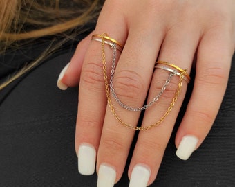 cesoi＊2Finger Crystal Ring Gold Chain Ring, Double Finger Ring, Bohemian Rings, Slave Ring