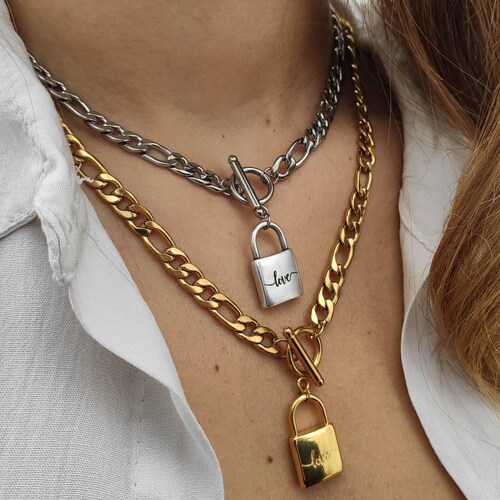 Gold Lock Necklace Padlock Chunky Chain 