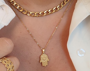 Hamsa necklace, Gold chain necklace, Fatima Necklace, Hamsa evil eye Pendant, Layered Necklace,Hand of Hamsa, Minimalist Necklace
