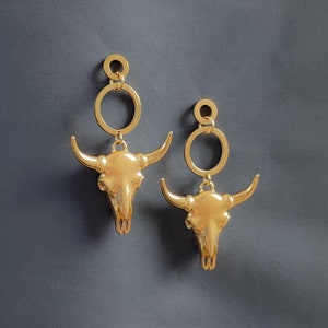 Silber Longhorn Schädel baumeln Ohrringe, große Bullen Schädel Ohrringe, lange Kuh Schädel Creolen, Statement Ohrringe, beste Freundin Geschenk Bild 2