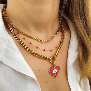 Evil eye Heart chunky chain necklace, Heart pendant, Statement Necklace, Gold chain necklace, Chunky gold necklace Chain choker