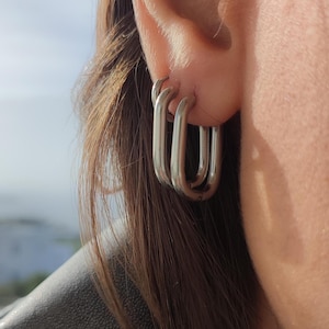 Srebrne kolczyki koła w kształcie litery U, Srebrne geometryczne kolczyki, Prostokątne kolczyki, Kolczyki na co dzień, Minimalistyczne kolczyki, Prezent dla niej