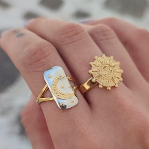 Mixed jewelry rectangular ring, Gold sun ring, Geometric ring, Silver celestial moon jewelry, Adjustable ring, Rings for women, Gift for her