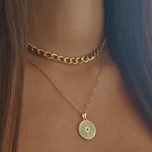 Evil eye coin necklace, Gold chunky chain choker, Blue evil eye necklace, Good luck charm, Greek jewelry, Protection necklace, Gift for her