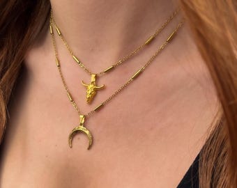 Gold bull skull necklace, Moon phase necklace, Gold chain, Dainty necklace, Celestial jewelry, Combined necklaces, Gift for her