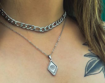 Silver evil eye necklace, Chunky choker necklace, Protection necklace, Layered necklaces, Cuban chain, Greek jewelry, Gift for her