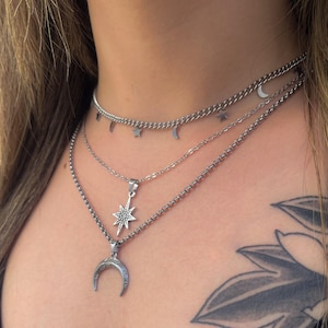 Silver star and moon choker necklace, Star necklace, Moon necklace, Silver celestial jewelry, Moon phase necklace, Gift for her