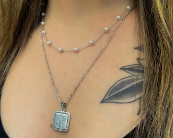 Silver flower pendant necklace, Pearls necklace, Combined necklaces, Choker necklace, Dainty necklace, Gift for her