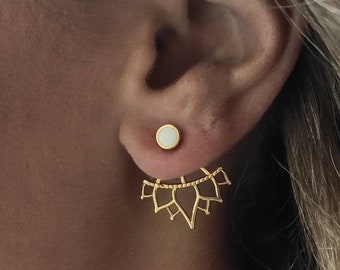Bridesmaid gift, White stud earrings, white earrings, Ear jacket earrings, Lotus flower earrings, Cool earrings, Best friend gifts