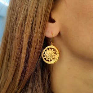 Moon sun earrings, Moon huggie hoop earrings, Witch earrings, Bohemian earrings, Gold moon and sun earrings, Silver dangle earrings