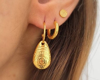 Bösen Blick baumeln Ohrringe, Gold bösen Blick griechische Ohrringe, Creolen, Gold Creolen, Clip auf Ohrringe, Gold Reifen Evil Eye Schmuck