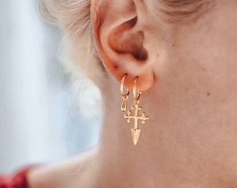 Cross earrings Gold dangle earrings Gold cross earrings Silver cross dangle earrings Statement earrings Vintage earrings Small hoop earring