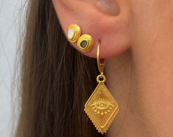 Bösen Blick Creolen baumeln Ohrringe Gold Bösen Blick Griechische Ohrringe Hoop Ohrringe, Gold Creolen, Clip auf Ohrringe, Gold Creolen Evil Eye Schmuck