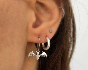 Superhero earrings Bat earrings Gothic earrings, Silver huggie hoops earrings, Gifts for her Funky Earrings, Gold bat earrings