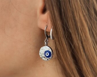 Silver evil eye hoop earrings, Evil eye jewelry,Dangle earrings,Huggie hoop earrings, Clip on, Greek earrings, Talisman, Protection earrings