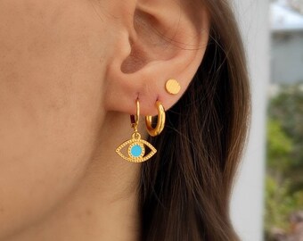 Pendientes de oro con ojo turco, aros con ojo turco, pendientes de aro delicados, aros con dije de oro, aros delicados, pendientes de ojo, pendientes de oro