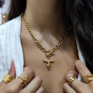 Bull skull chunky chain necklace, Cow skull necklace, Statement Necklace, Gold chain necklace Silver chain Chunky gold necklace Chain choker