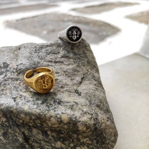 Op de afbeelding: Twee zegelringen liggen op een grijze steen. E&eacute;n ring is goudkleurig met een leeuwenkop, de andere is zilverkleurig met een bijenontwerp. De ringen zijn waarschijnlijk verstelbaar en geschikt voor dagelijks gebruik. De ringen zijn waarschijnlijk van metaal.