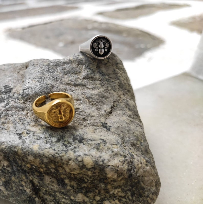 Op de afbeelding: Twee zegelringen liggen op een grijze steen. E&eacute;n ring is goudkleurig met een leeuwenkop, de andere is zilverkleurig met een bijenontwerp. De ringen zijn waarschijnlijk verstelbaar en geschikt voor dagelijks gebruik. De ringen zijn waarschijnlijk van metaal.