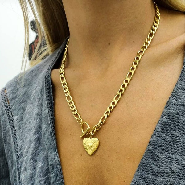 Heart chunky chain necklace, Heart pendant, Statement Necklace, Gold chain necklace, Silver chain, Chunky gold necklace Chain choker