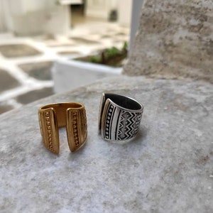 Gold mandala adjustable band ring, womens engraved mandala stamps ring, open statement ring, solid silver smooth ring, bold wide band ring image 10
